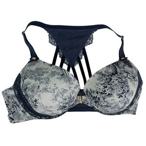 CACIQUE Boost Plunge Blue Floral Bra Front Closure Underwire Lace Racerback 44D